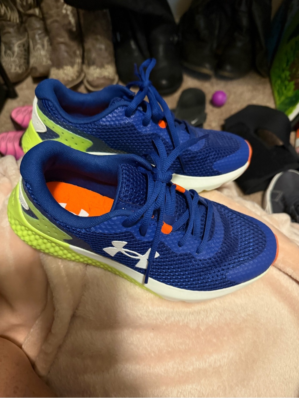 Under Armour Kids Navy Blue Sneakers with Lime and Orange Accents